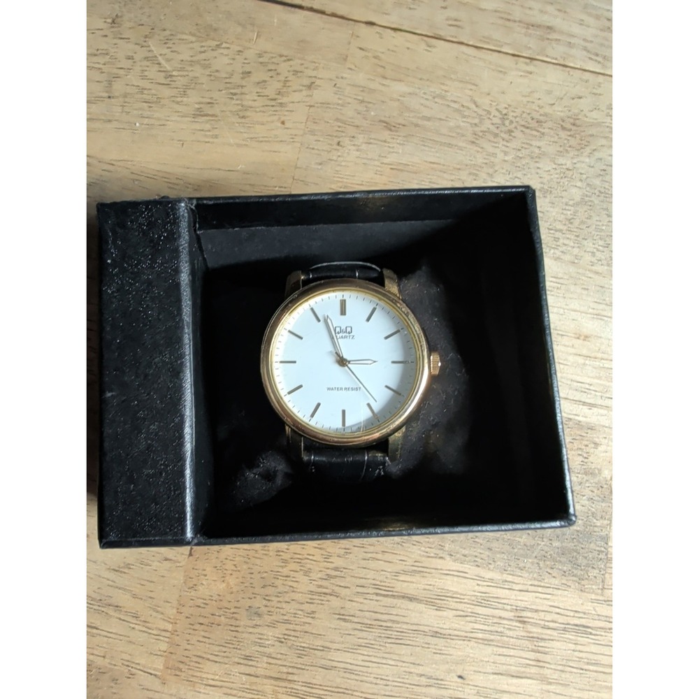 NEW Vintage Q&Q Mens Quartz Watch 7.5" Leather Band 40mm Gold Tone Case/New Batt